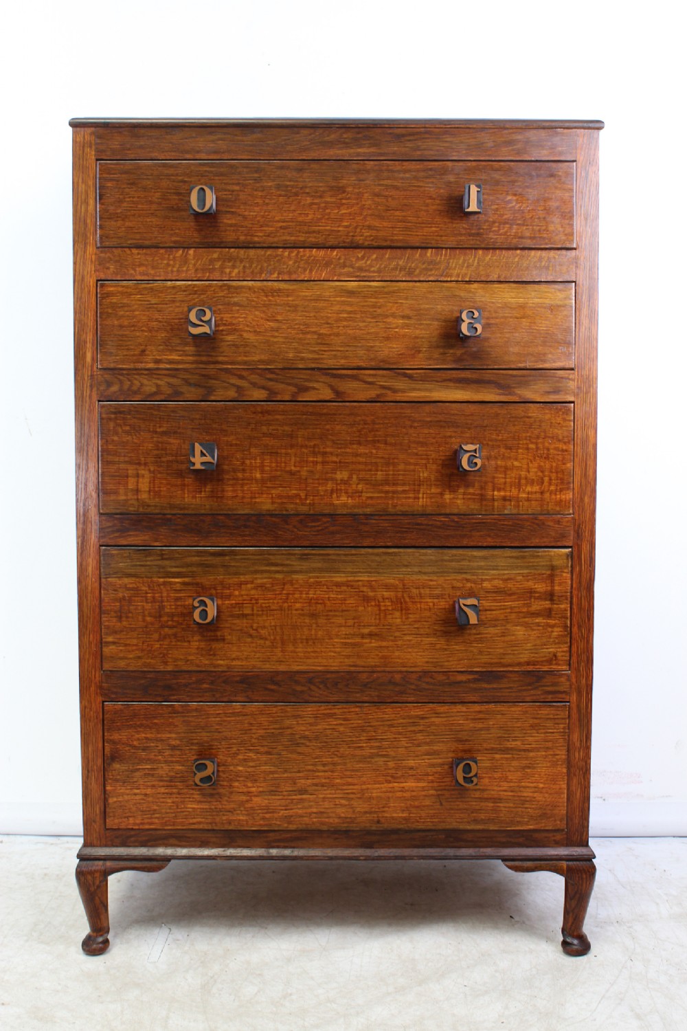 Tall Oak Chest of Drawers with Printers Block Handles