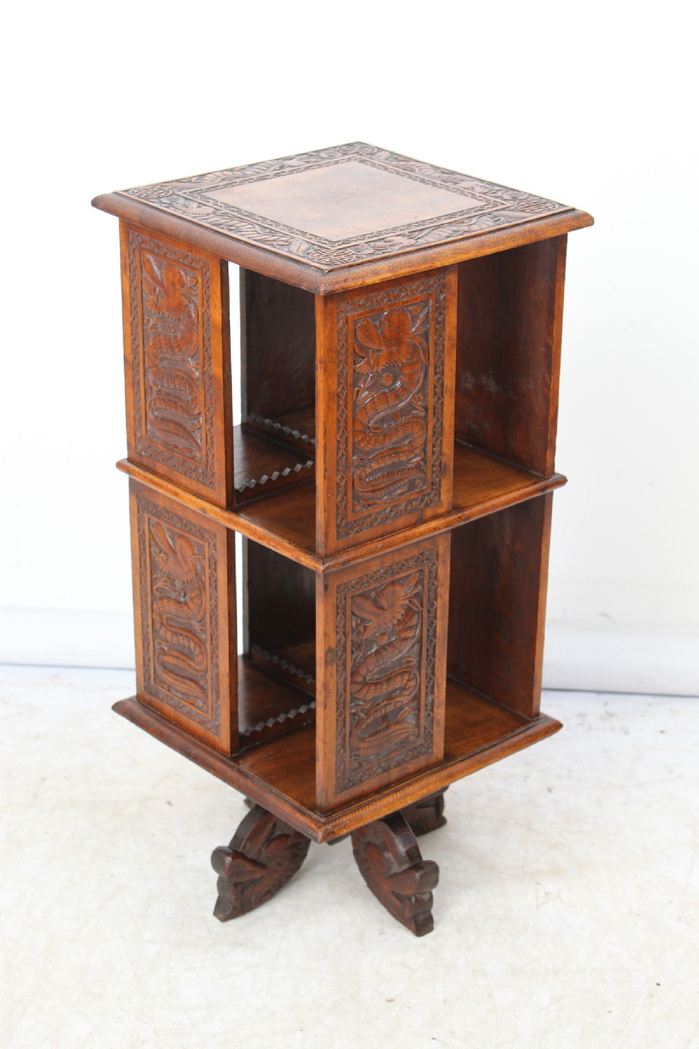 Small Antique Anglo-Indian Kashmiri Dragon Carved Revolving Bookcase