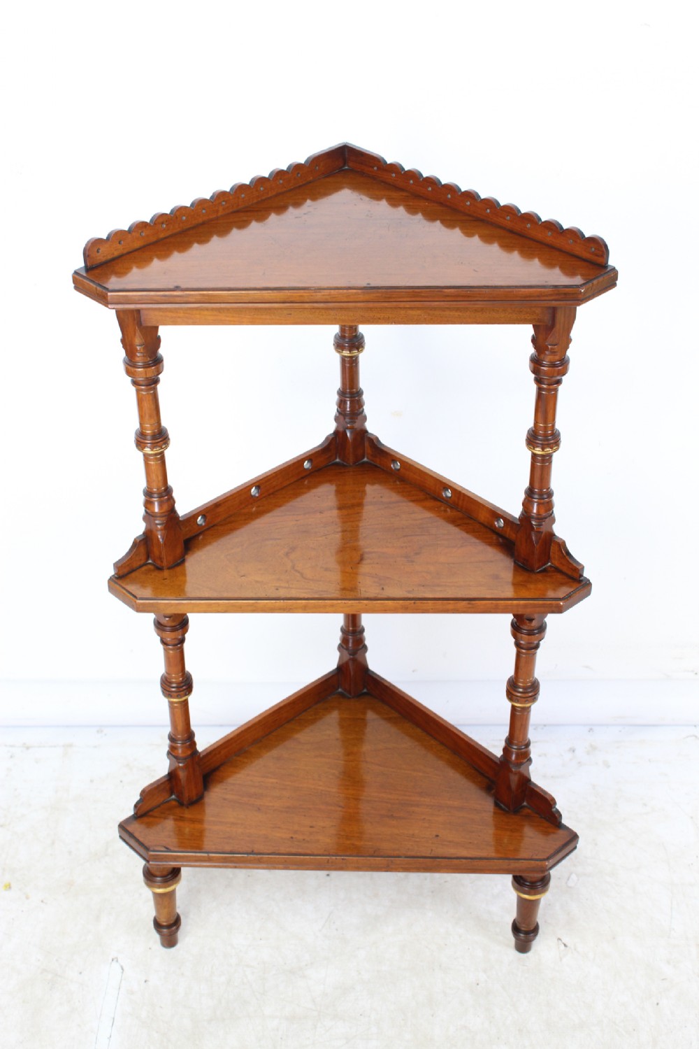 Victorian Gothic Revival Walnut & Gilt Corner Whatnot