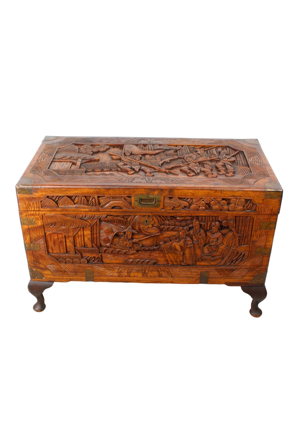 Antique Carved Chinese Camphor Wood Chest Coffee Table