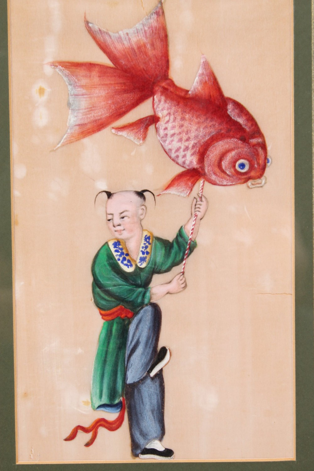 A pair of small framed antique Chinese watercolour paintings on pith paper, set in dark green mounts with gilded decorative frames. View IV