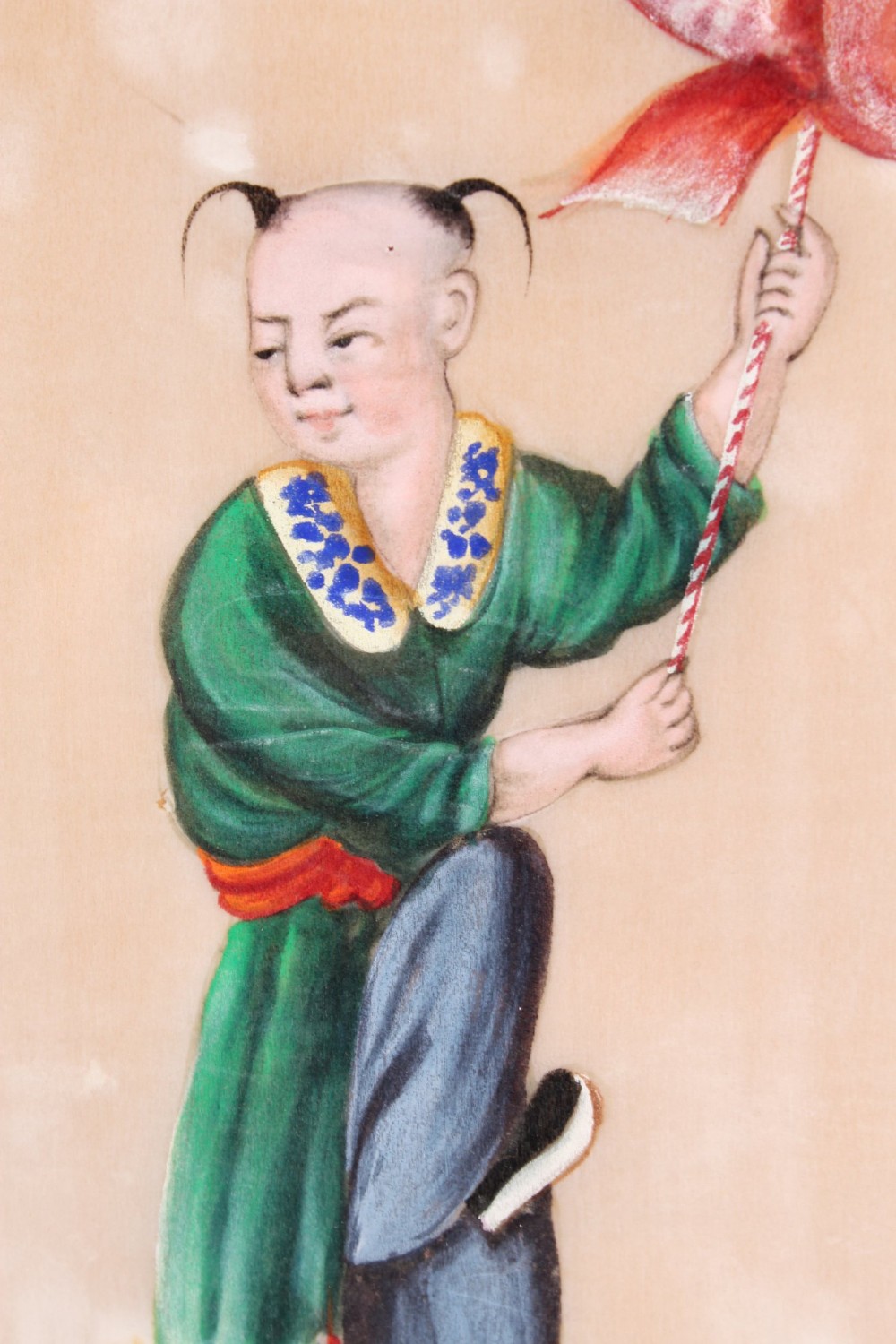 A pair of small framed antique Chinese watercolour paintings on pith paper, set in dark green mounts with gilded decorative frames. View VII