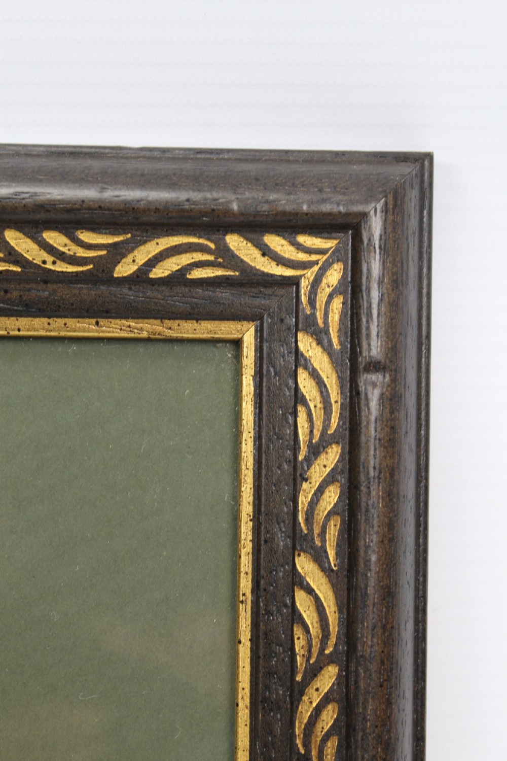 A pair of small framed antique Chinese watercolour paintings on pith paper, set in dark green mounts with gilded decorative frames. View XI