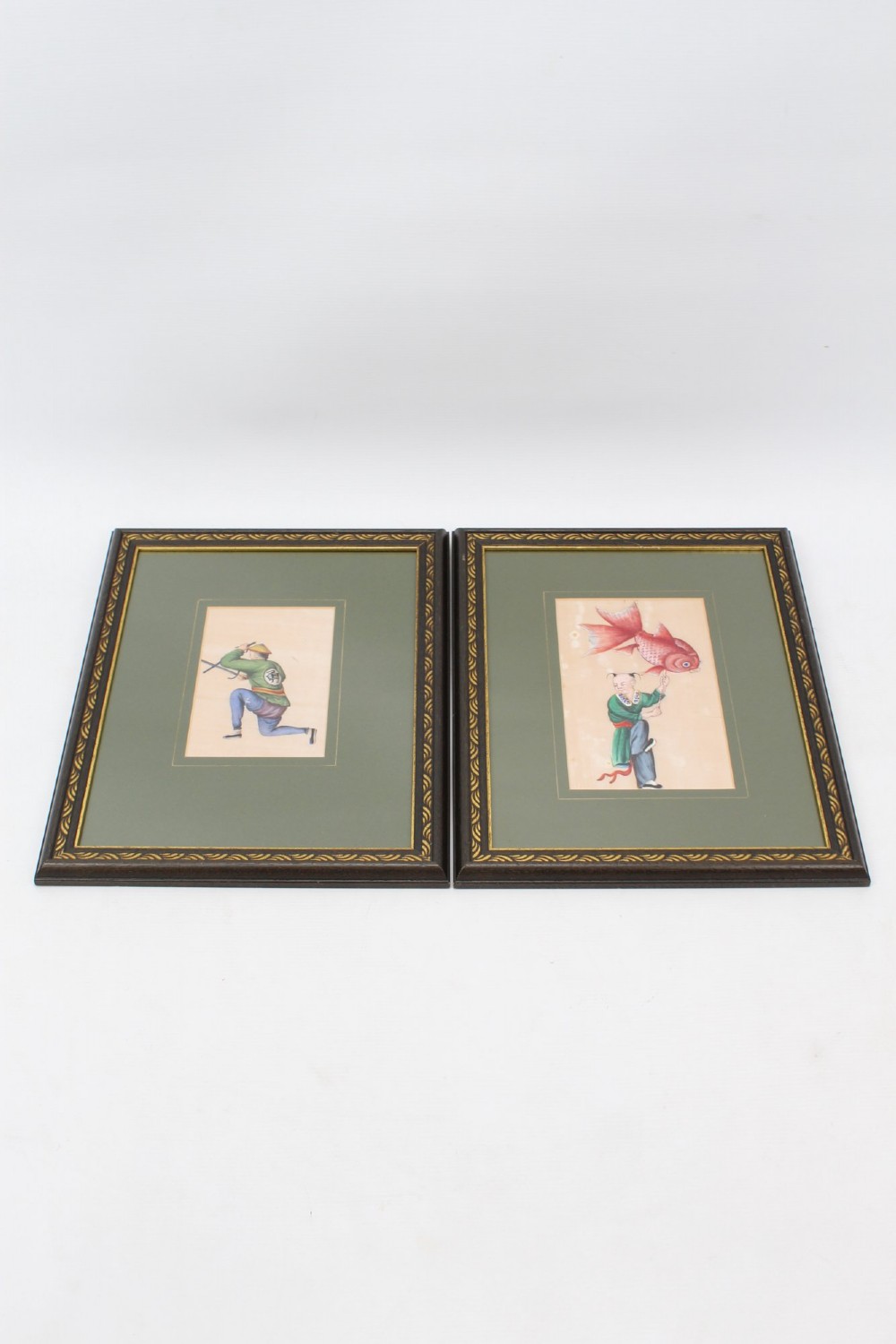 A pair of small framed antique Chinese watercolour paintings on pith paper, set in dark green mounts with gilded decorative frames. View XII