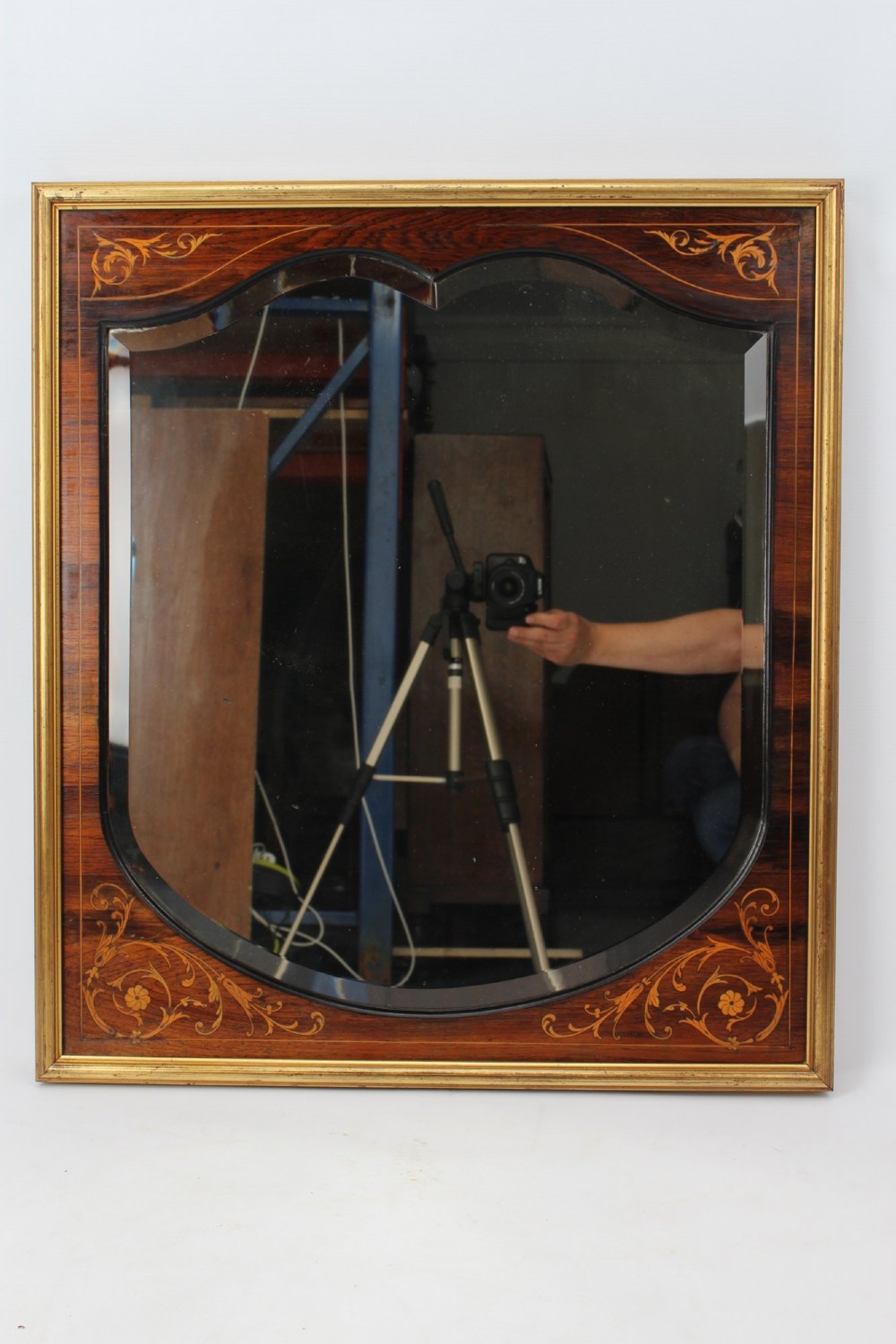 A rectangular rosewood wall mirror featuring gilt outer moulding, floral corner marquetry inlays, and an arched bevelled glass plate.