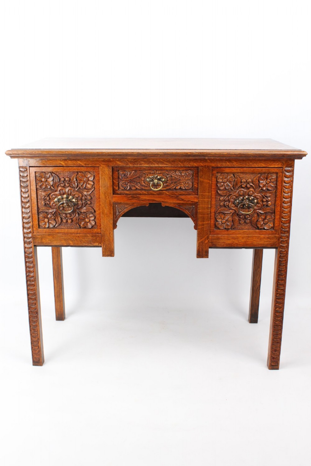 Small Victorian Arts & Crafts Carved Oak Desk