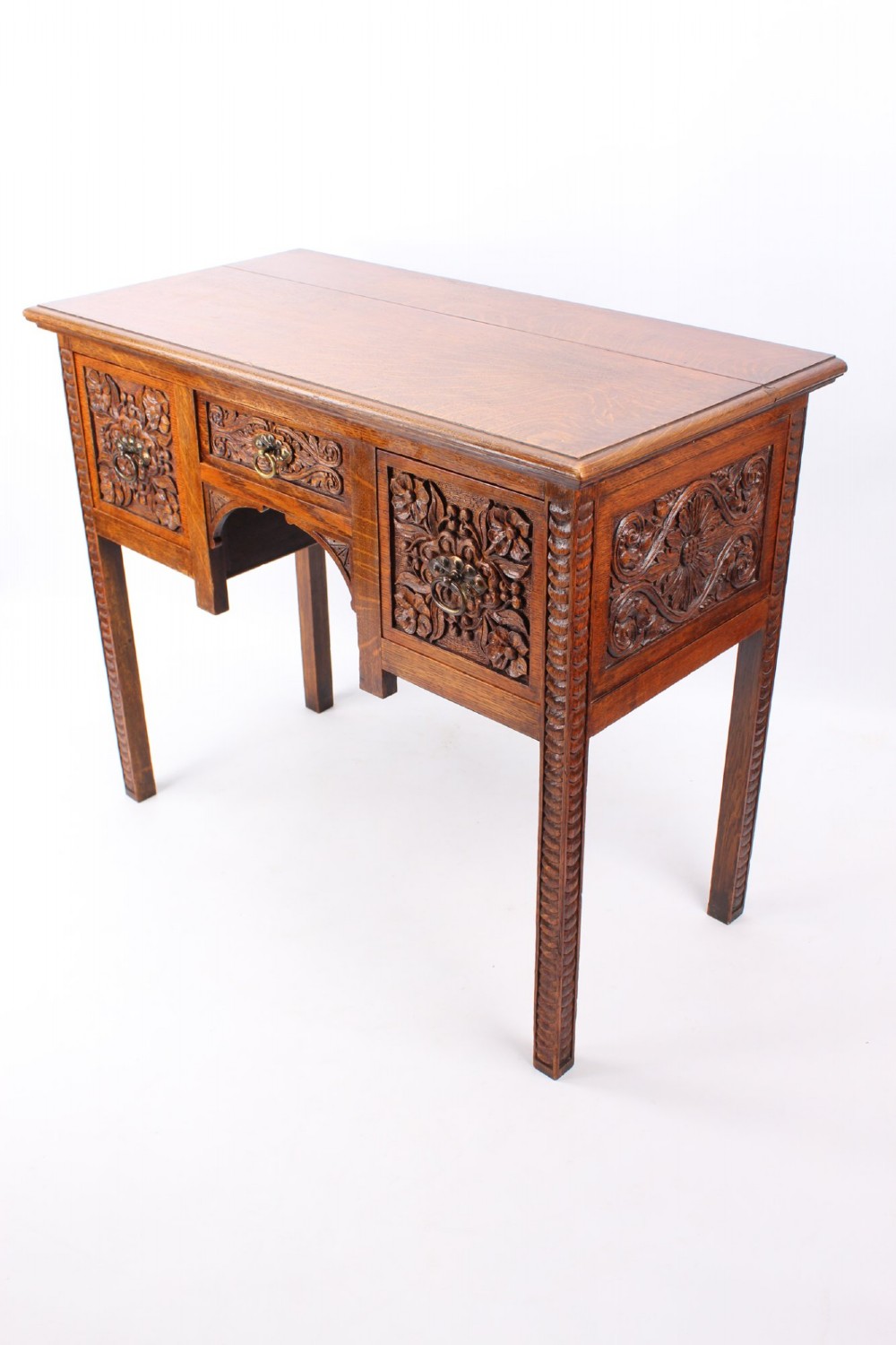Small Victorian Arts & Crafts Carved Oak Desk View II