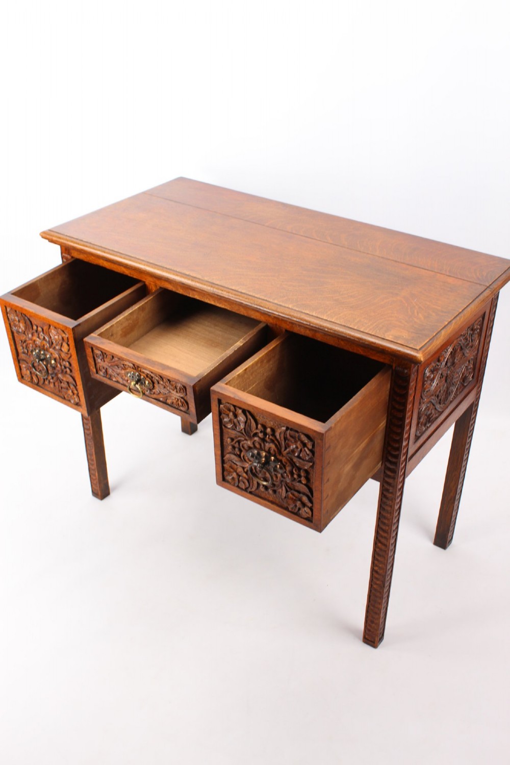 Small Victorian Arts & Crafts Carved Oak Desk View V