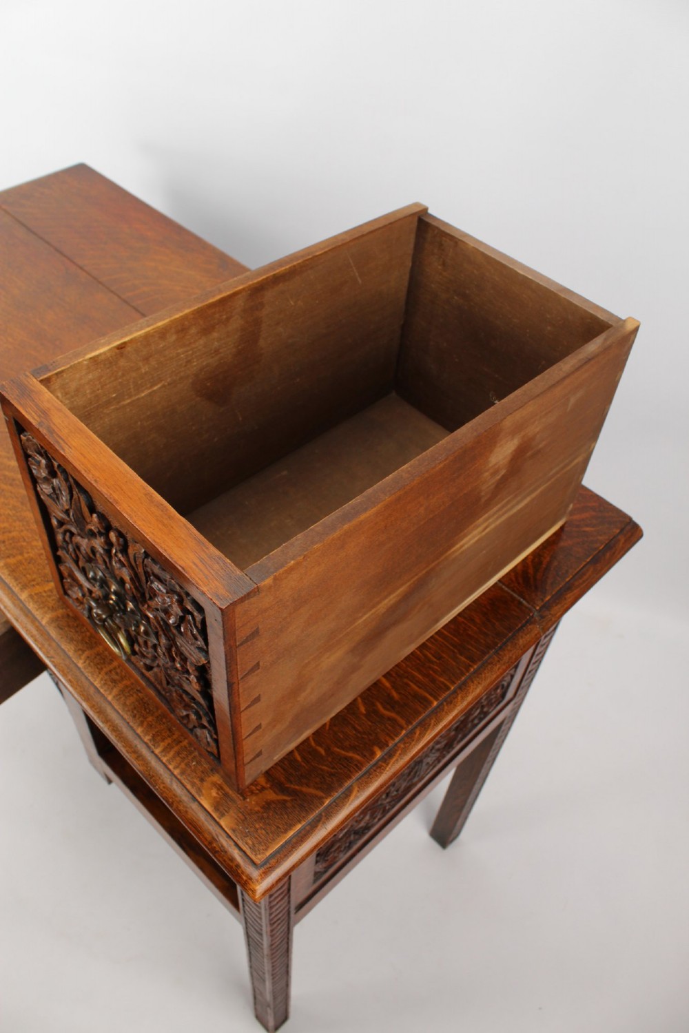 Small Victorian Arts & Crafts Carved Oak Desk View VII