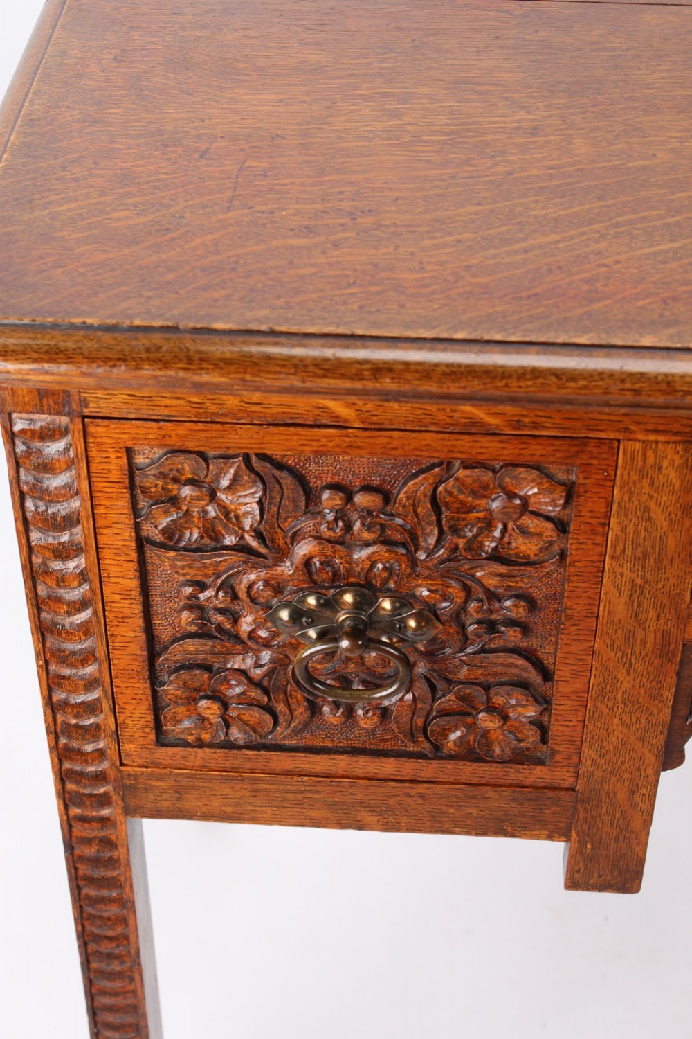 Small Victorian Arts & Crafts Carved Oak Desk View X