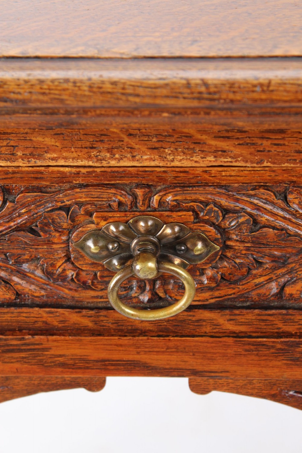 Small Victorian Arts & Crafts Carved Oak Desk View XI