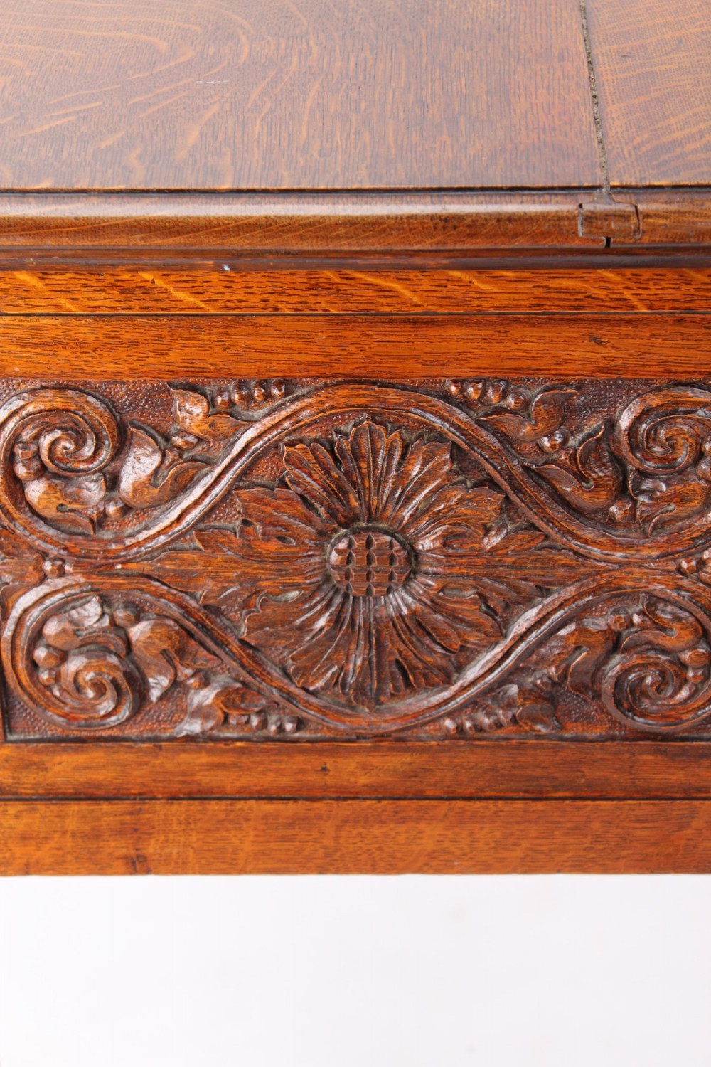 Small Victorian Arts & Crafts Carved Oak Desk View XII