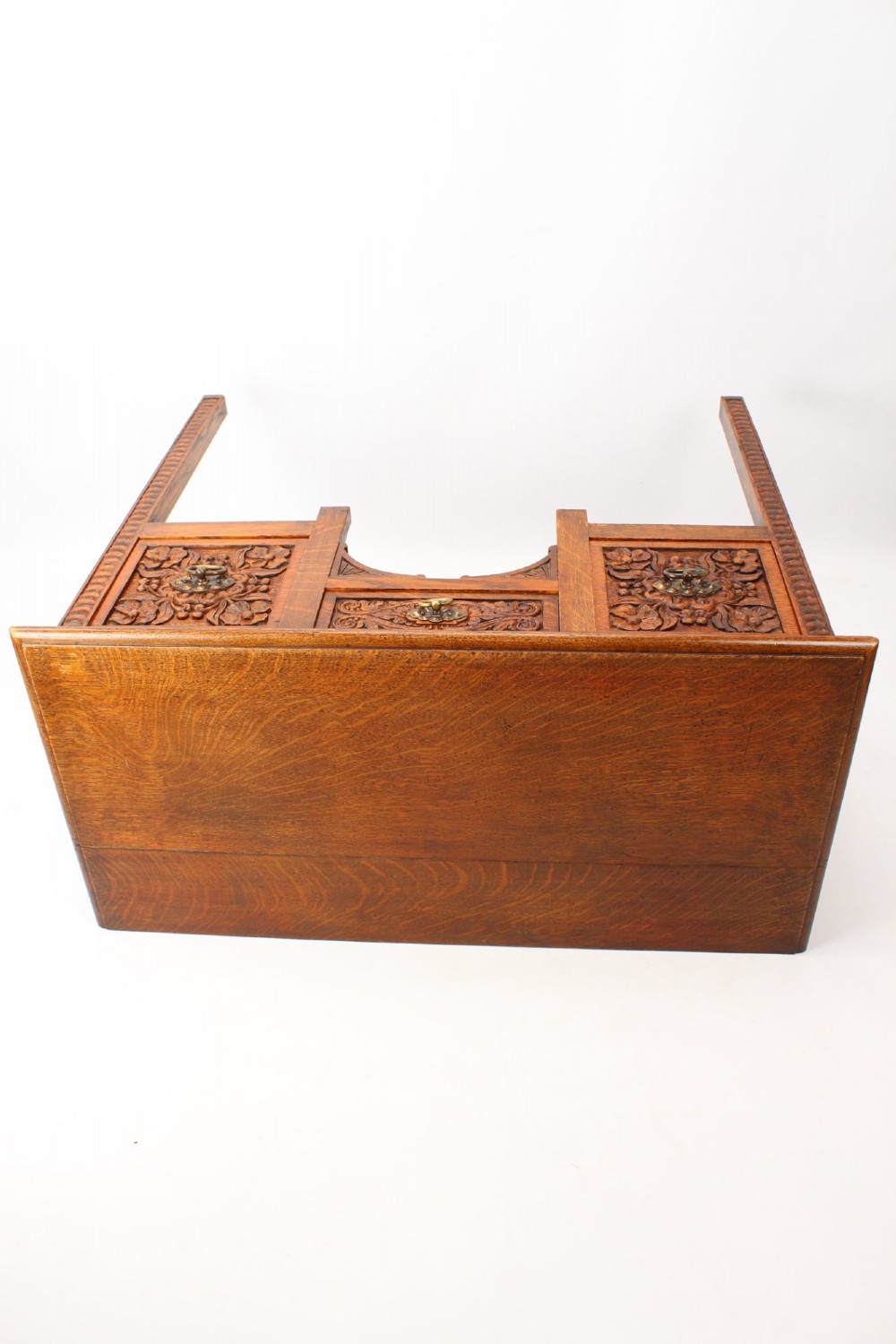 Small Victorian Arts & Crafts Carved Oak Desk View XIII