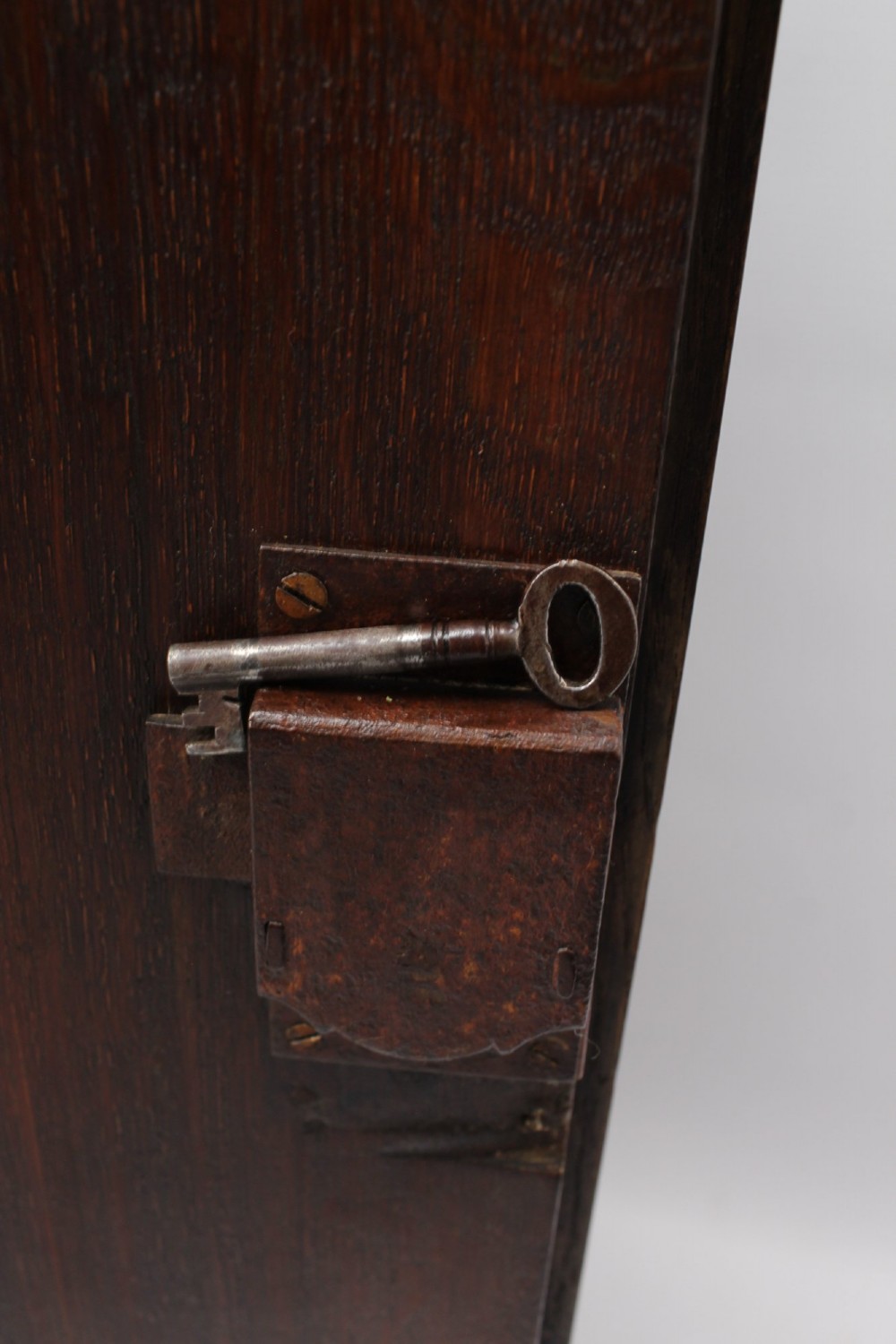 A Georgian oak bow-front corner cupboard with twin doors, exposed brass H-hinges, crossbanded veneer borders, and central brass escutcheons. View V
