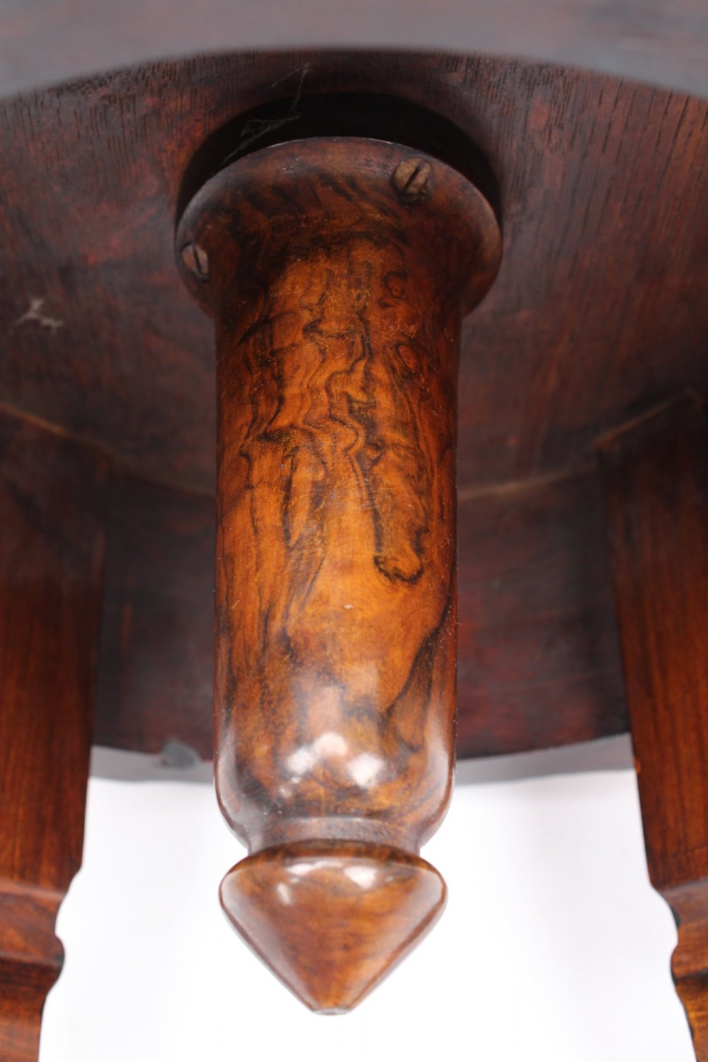 A circular padded beige stool on a dark rosewood base featuring floral marquetry and curved legs. View IX