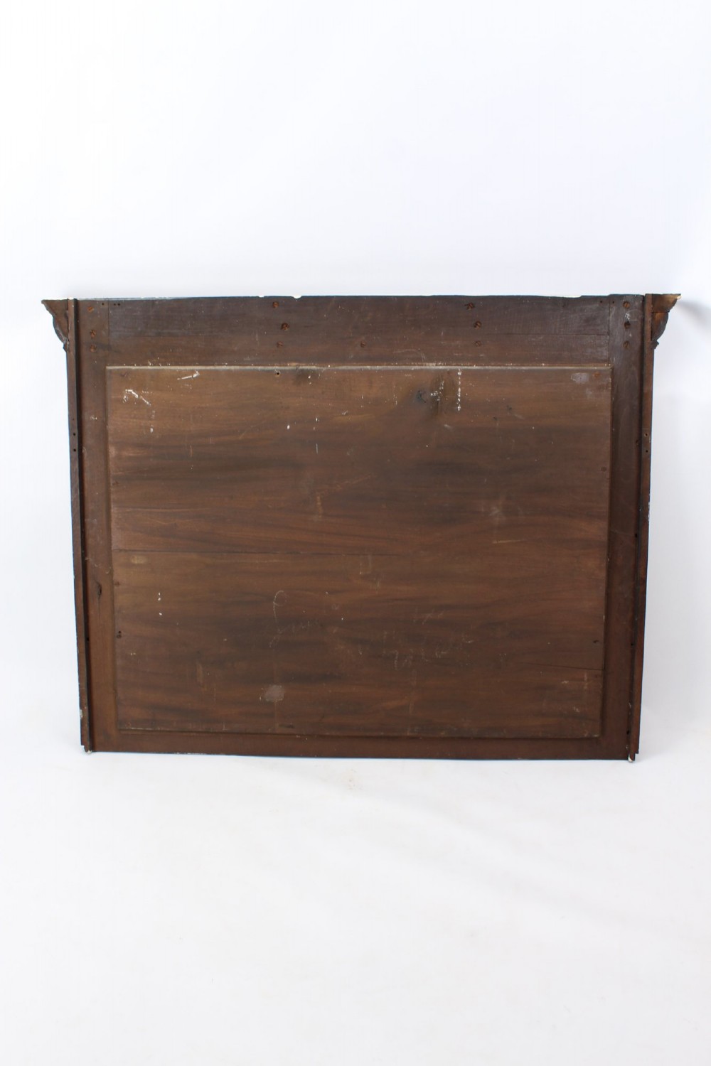 A large rectangular Victorian oak overmantel mirror featuring a moulded frame with a fluted frieze top cornice and carved side rosettes. View XIII