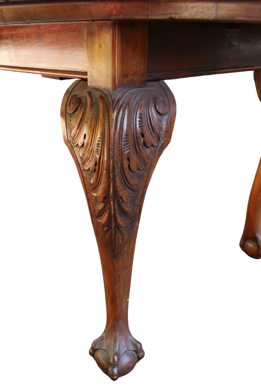 An antique Edwardian extending mahogany dining table featuring an oval top with gadrooned edges and carved cabriole legs terminating in ball-and-claw feet. View VII