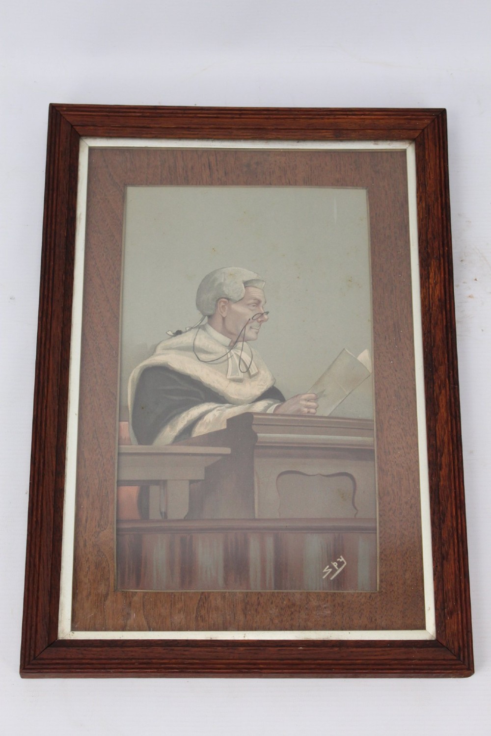 A set of six framed antique Vanity Fair lithographs featuring caricatures of judges and barristers in legal robes and wigs, presented in dark wood frames with gilt slips. View VIII