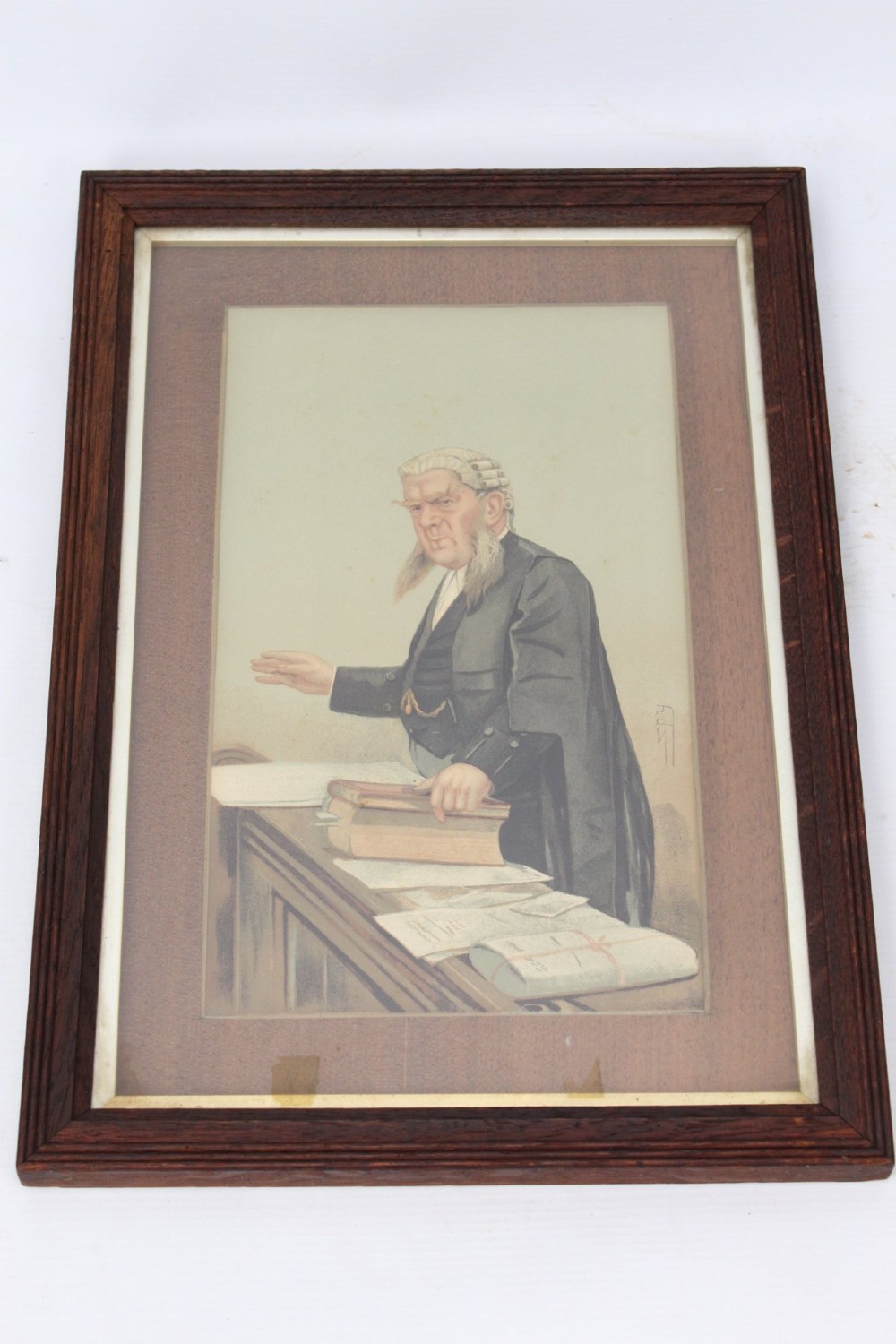 A set of six framed antique Vanity Fair lithographs featuring caricatures of judges and barristers in legal robes and wigs, presented in dark wood frames with gilt slips. View IX