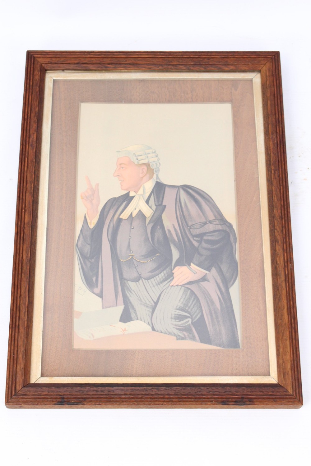 A set of six framed antique Vanity Fair lithographs featuring caricatures of judges and barristers in legal robes and wigs, presented in dark wood frames with gilt slips. View XI