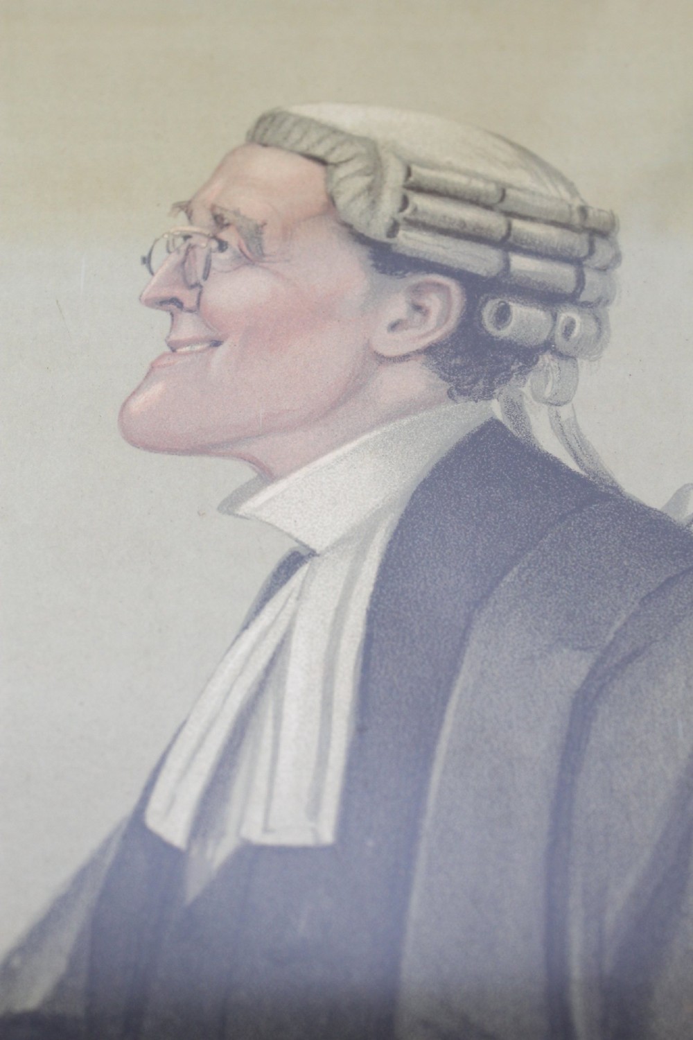 A set of six framed antique Vanity Fair lithographs featuring caricatures of judges and barristers in legal robes and wigs, presented in dark wood frames with gilt slips. View XII
