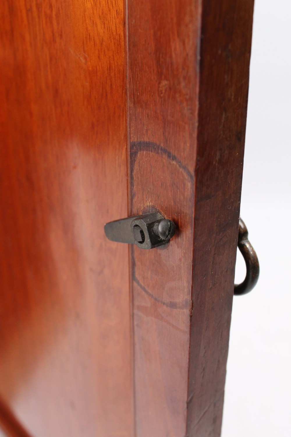 A small Edwardian mahogany bedside cabinet featuring fine boxwood string inlay on the single cupboard door and a brass drop handle. View IX