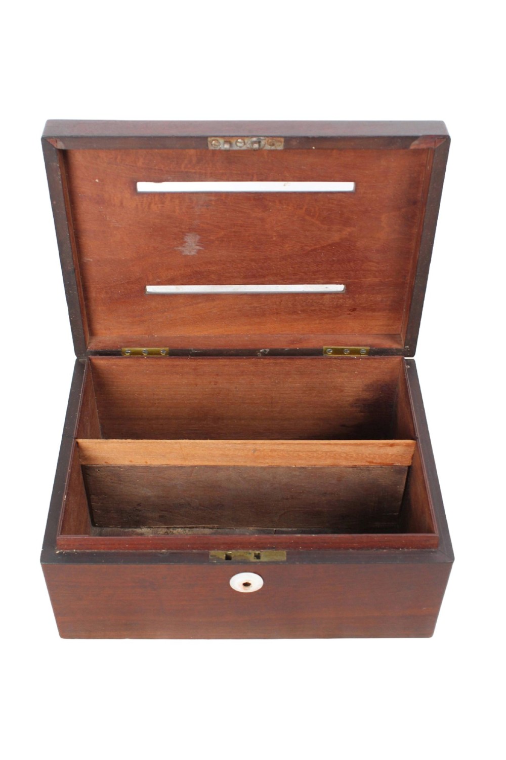 A Victorian mahogany letter box featuring two top slots labeled Answerd and Unanswerd with brass plaques and a circular keyhole escutcheon on the front. View II