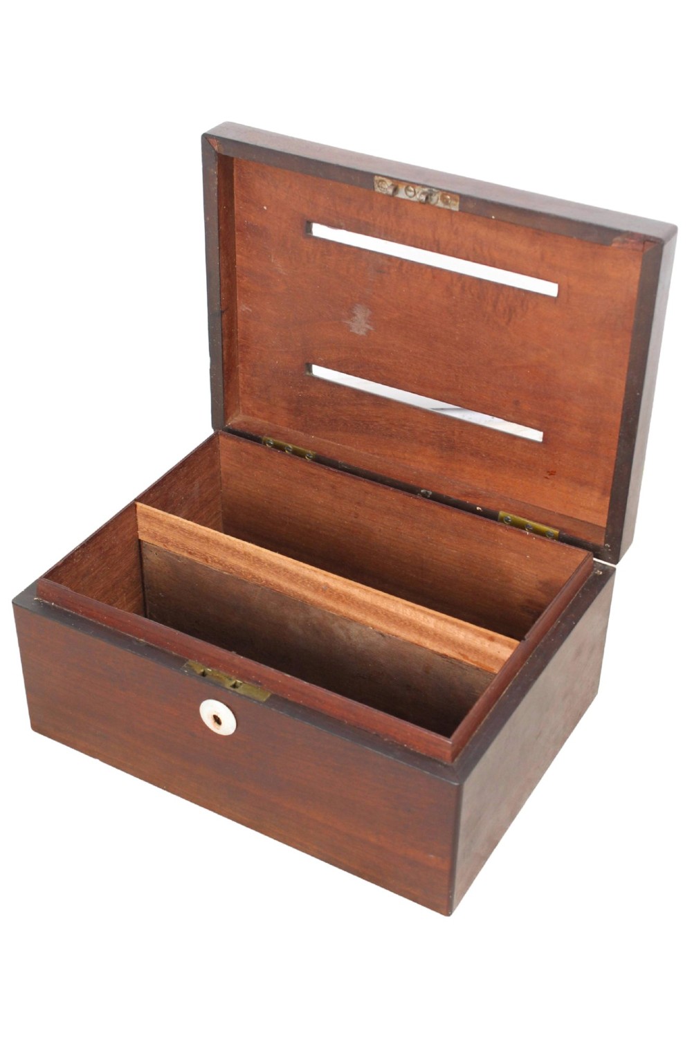 A Victorian mahogany letter box featuring two top slots labeled Answerd and Unanswerd with brass plaques and a circular keyhole escutcheon on the front. View IV