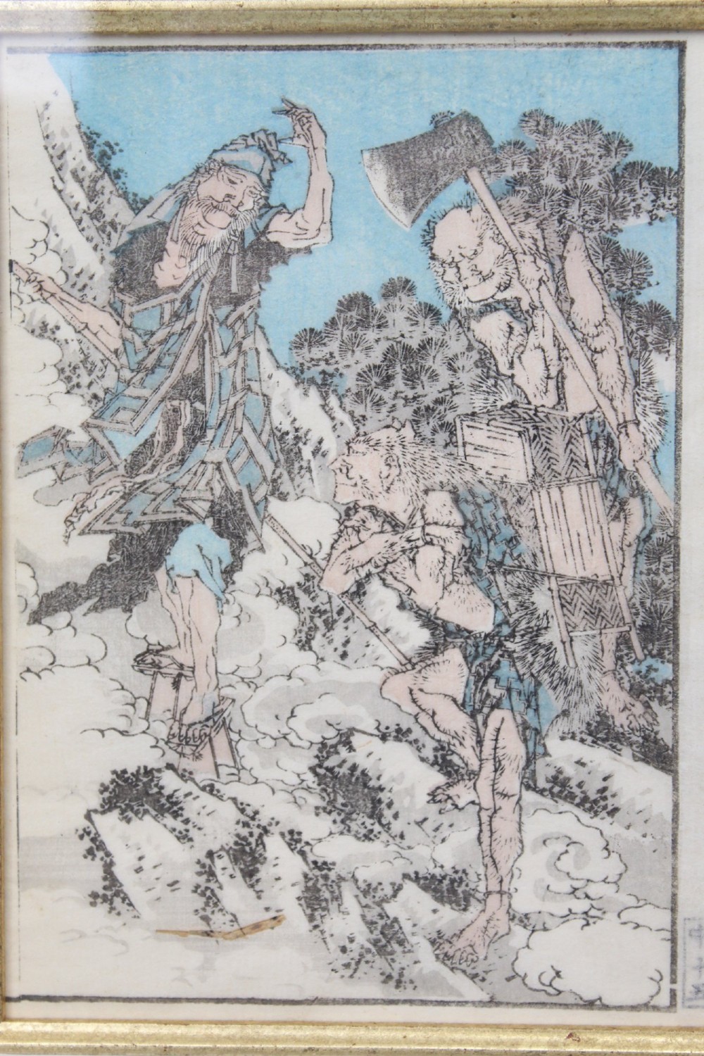 A pair of framed Japanese woodblock prints featuring detailed figurative and landscape illustrations mounted in cream mats within dark wooden frames. View X