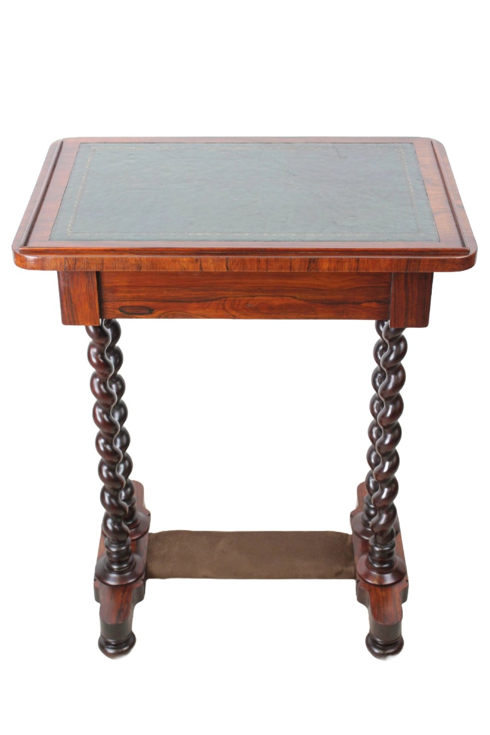 A small Regency rosewood side table featuring an inset green leather top with gold leaf tooling, supported by twin barley twist columns on a trestle base. View VI
