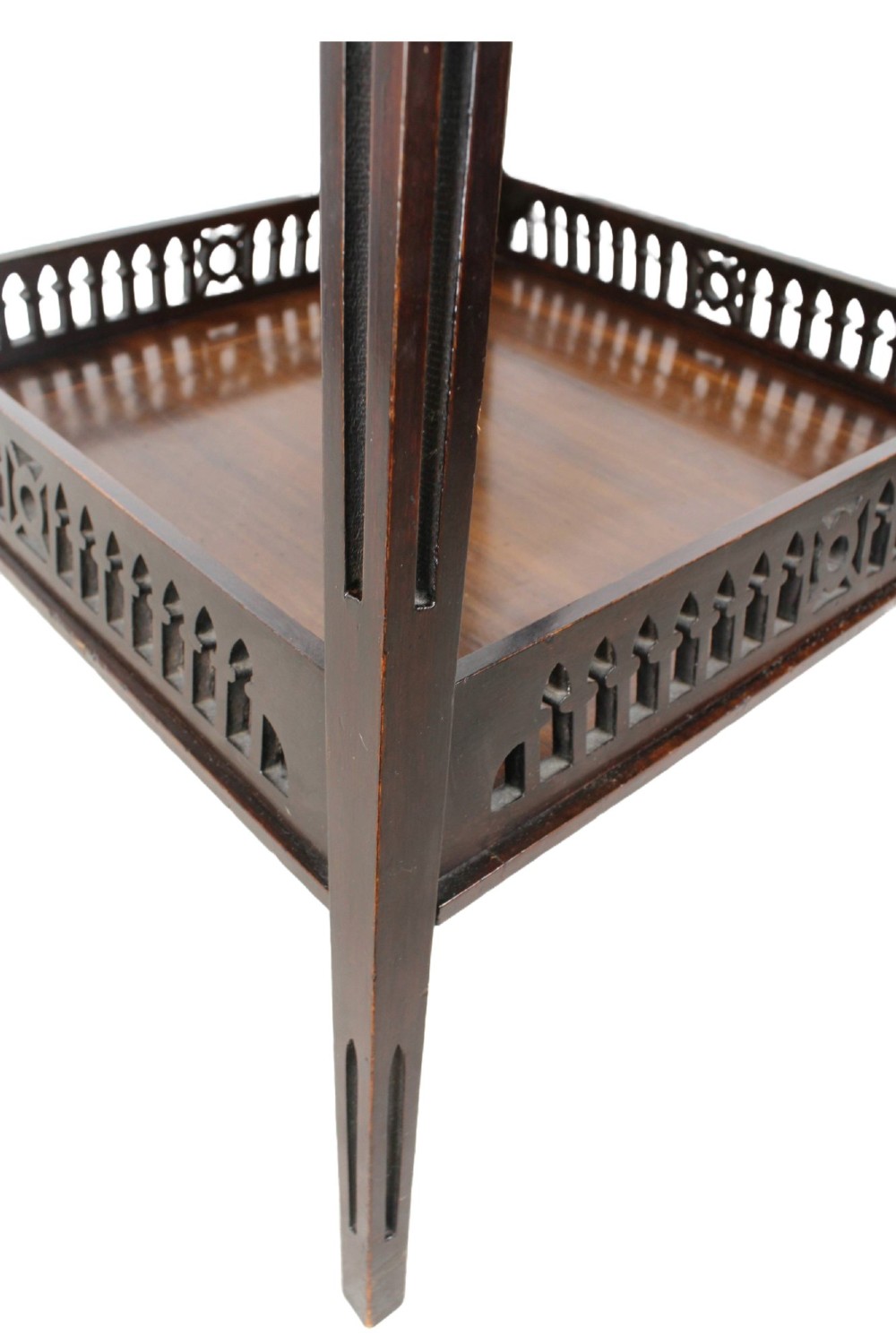 An Edwardian mahogany square side table featuring a central inlaid sunburst medallion, crossbanded border, and a lower undertier shelf with a pierced gallery. View X