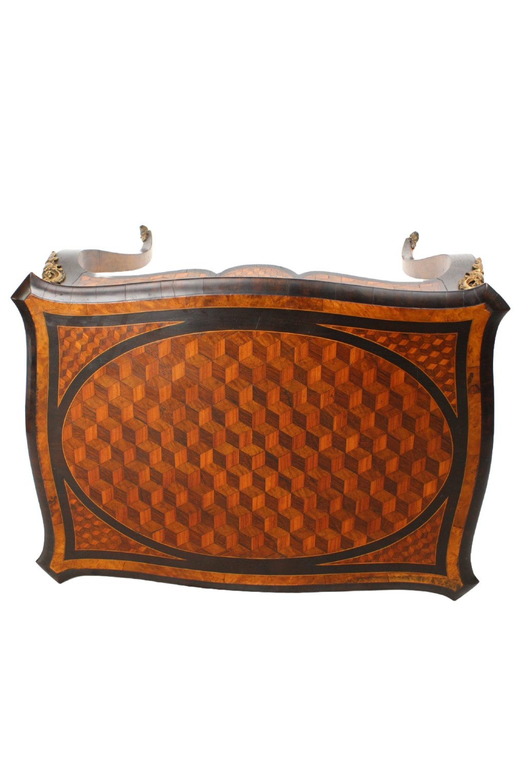 A Victorian Louis XV Revival writing table featuring geometric cube parquetry inlay, serpentine edges, ebonised borders, cabriole legs, and gold-toned bronze mounts. View VI