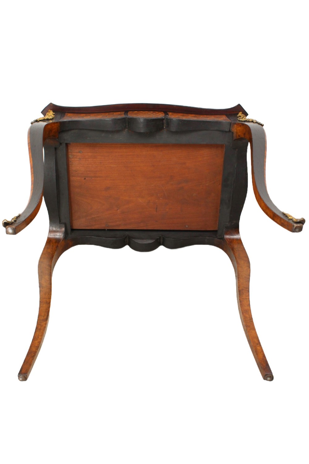 A Victorian Louis XV Revival writing table featuring geometric cube parquetry inlay, serpentine edges, ebonised borders, cabriole legs, and gold-toned bronze mounts. View XIII