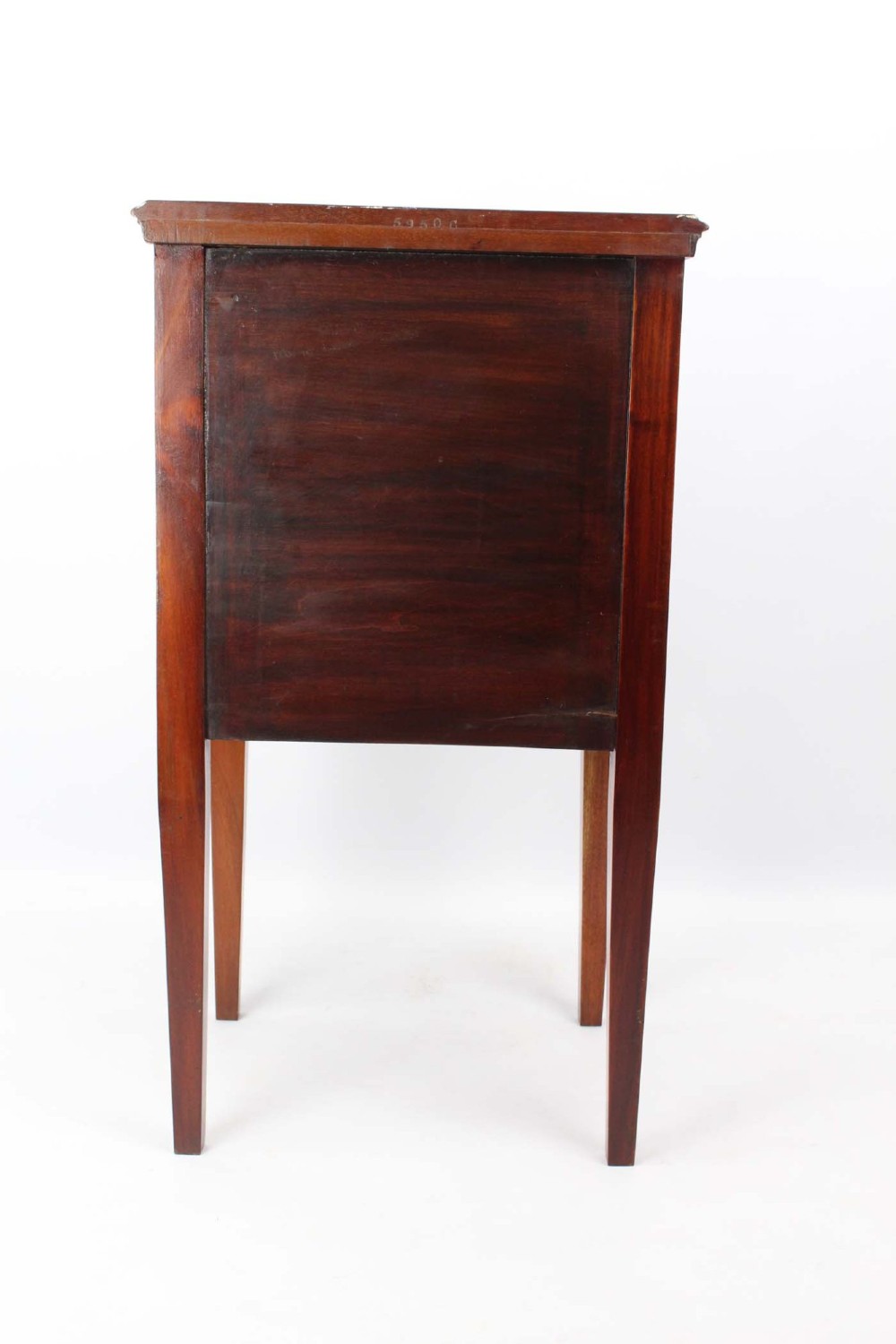 An Edwardian mahogany bedside cabinet featuring satinwood stringing inlay, a single panelled door with a brass handle, and square tapered legs. View V