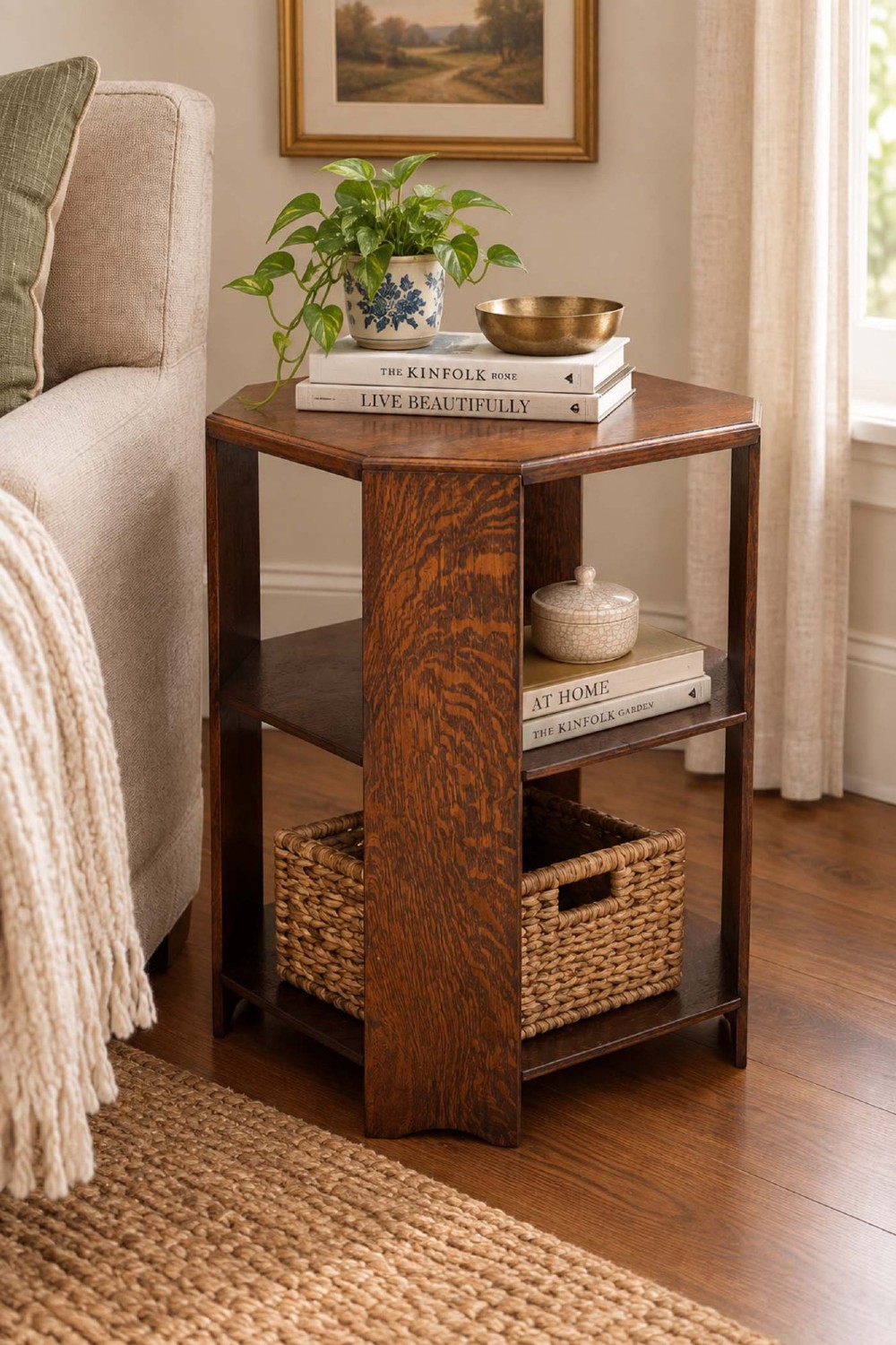 An octagonal dark oak Art Deco style book table featuring three vertical side panels and two open lower shelves. View XII