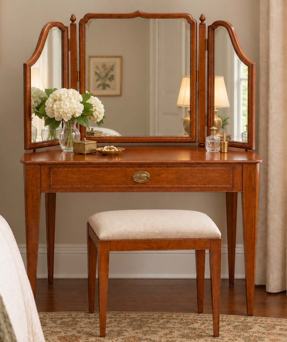 A three-panel walnut triptych dressing table mirror featuring arched side wings, turned finials, and brass hinges. View XIII