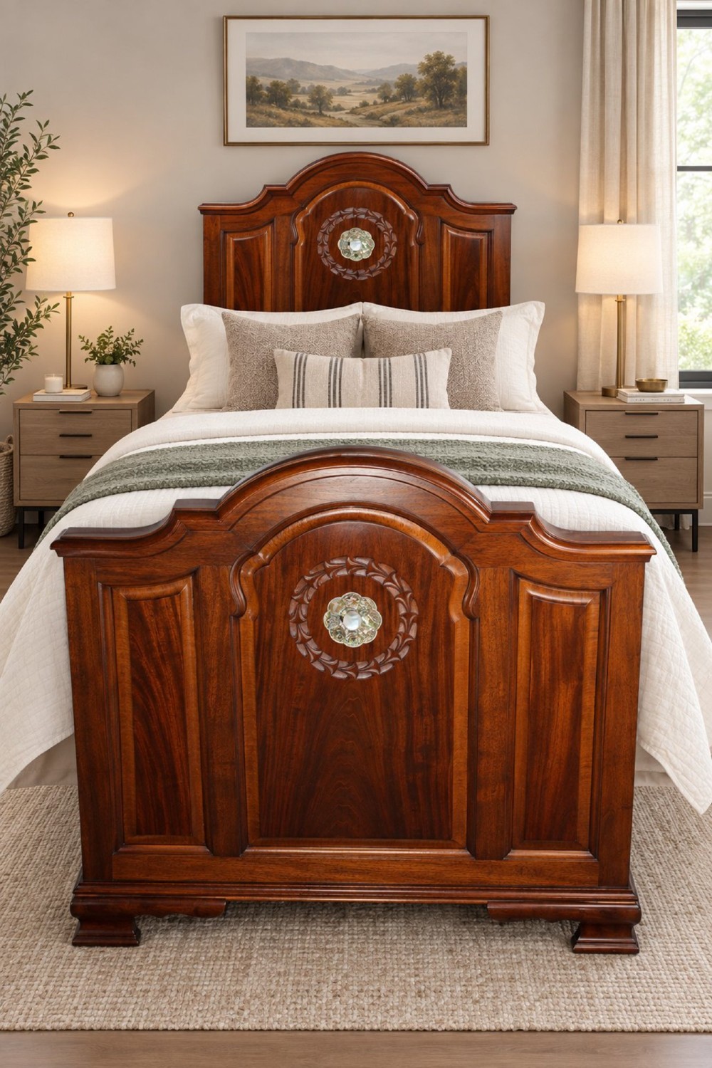 A Victorian walnut single bedstead featuring arched panels, carved circular wreaths, and central mother-of-pearl and abalone shell floral inlays. View XIII
