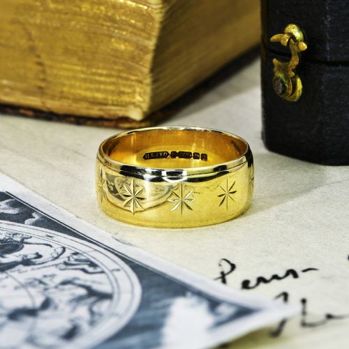 the vintage 9ct gold celestial wedding ring - CATEGORY: ANTIQUE JEWELLERY - DATED 1960