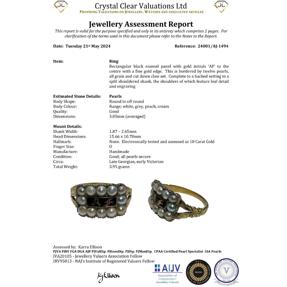 A Victorian gold ring featuring a central rectangular black enamel plaque with gold gothic initials surrounded by twelve seed pearls and chased shoulders. View VII