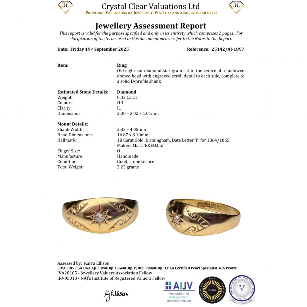 An 18ct yellow gold Victorian band ring featuring a starburst-set diamond surrounded by hand-carved scroll engraving and visible internal hallmarks. View VIII