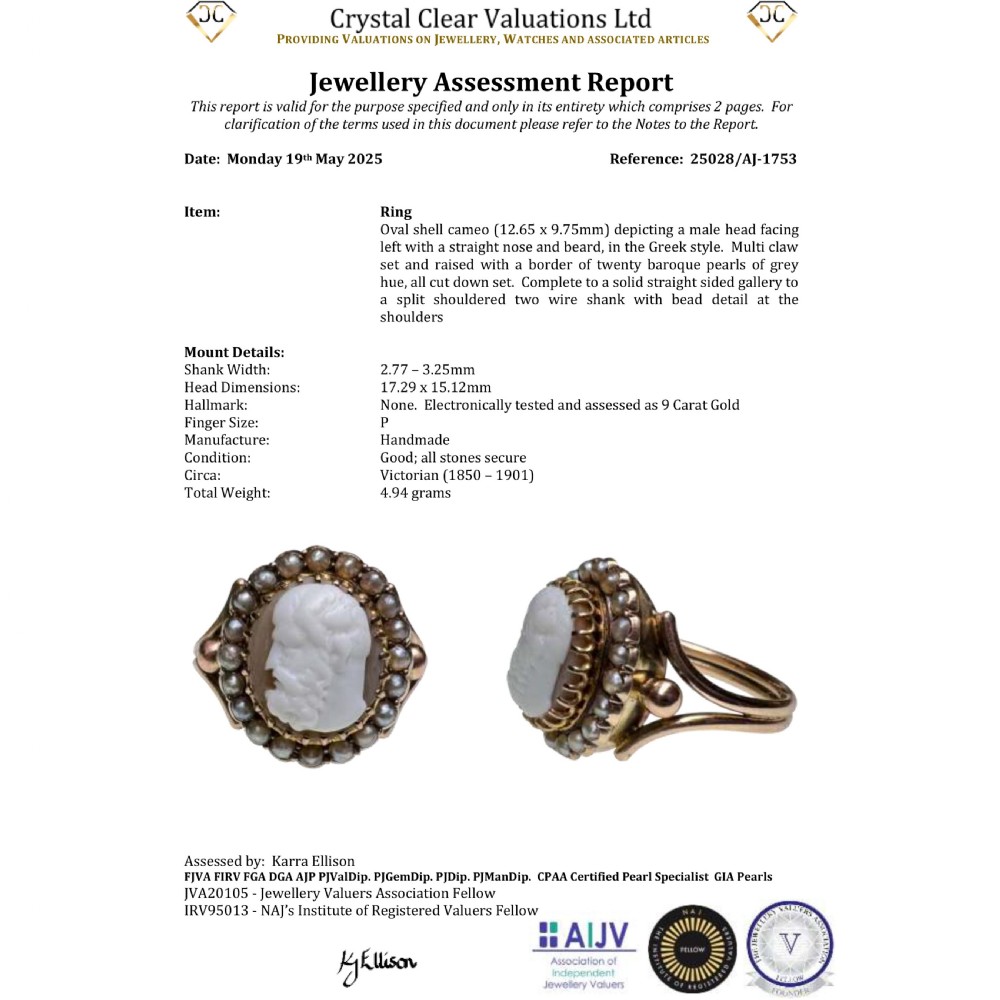 A Victorian yellow gold ring set with an oval carved shell cameo profile encircled by a halo of seed pearls. View VIII