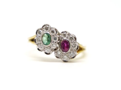 VINTAGE DOUBLE RING WITH EMERALD RUBY DIAMONDS