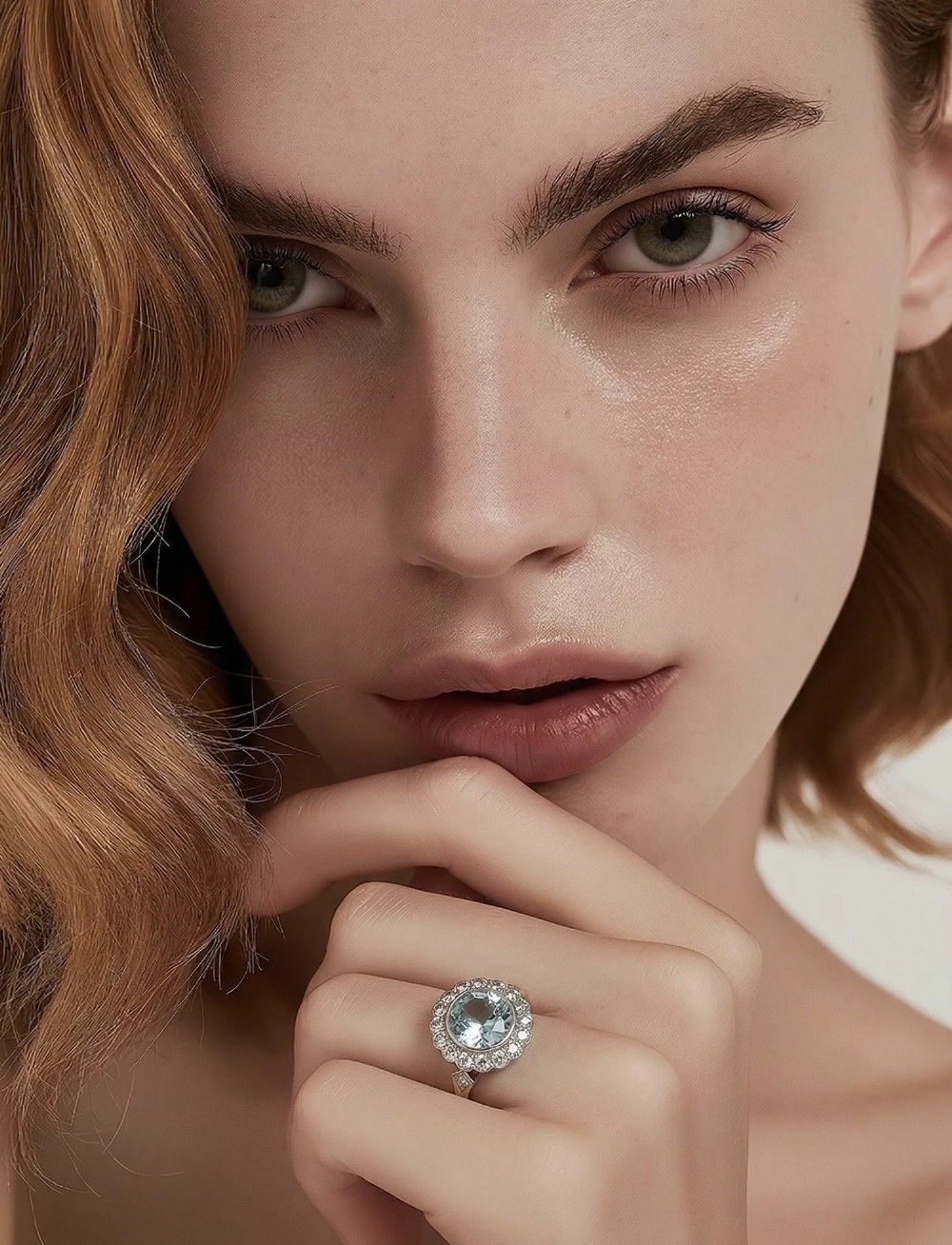A round-cut light blue aquamarine ring surrounded by a circular diamond halo setting on a gold band. View II