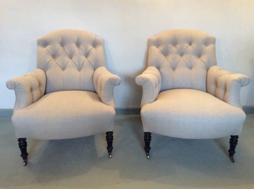 A Pair of Buttoned Fench Upholstered Armchairs