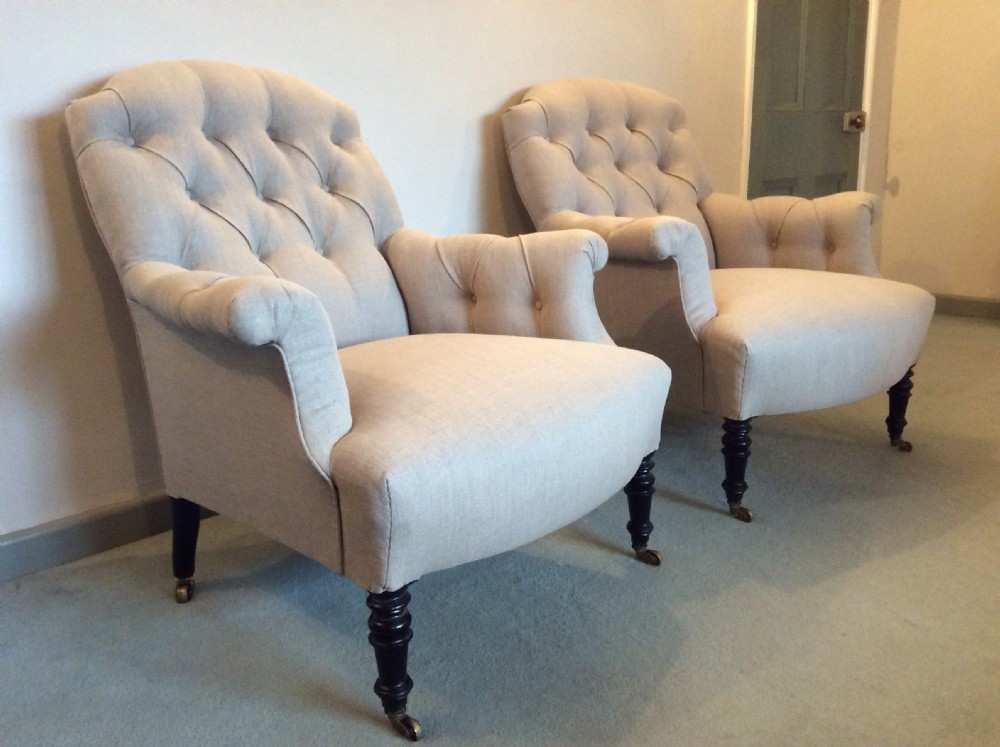 A PAIR of buttoned Fench upholstered armchairs View II
