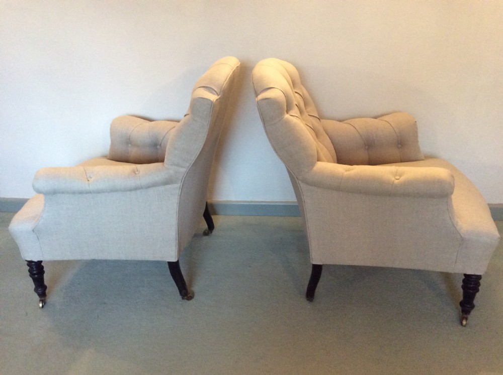 A PAIR of buttoned Fench upholstered armchairs View V