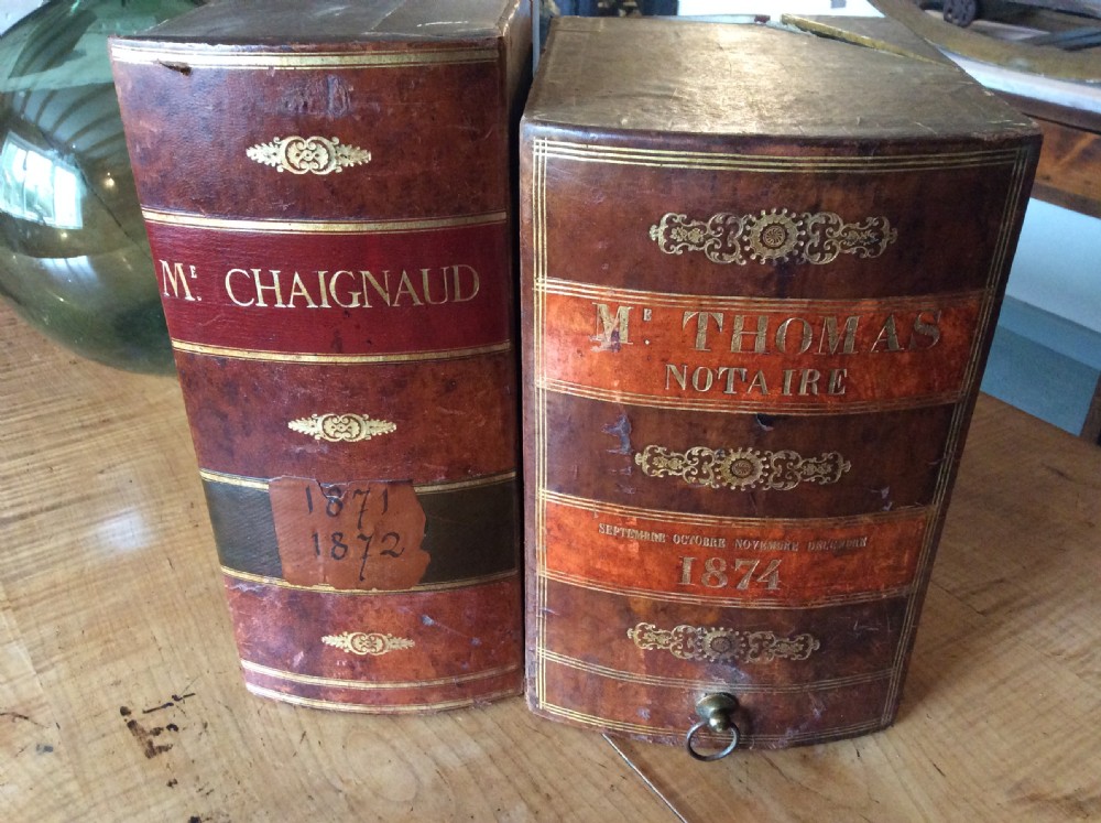 Two 19thC French  leather bound cartonnier book files