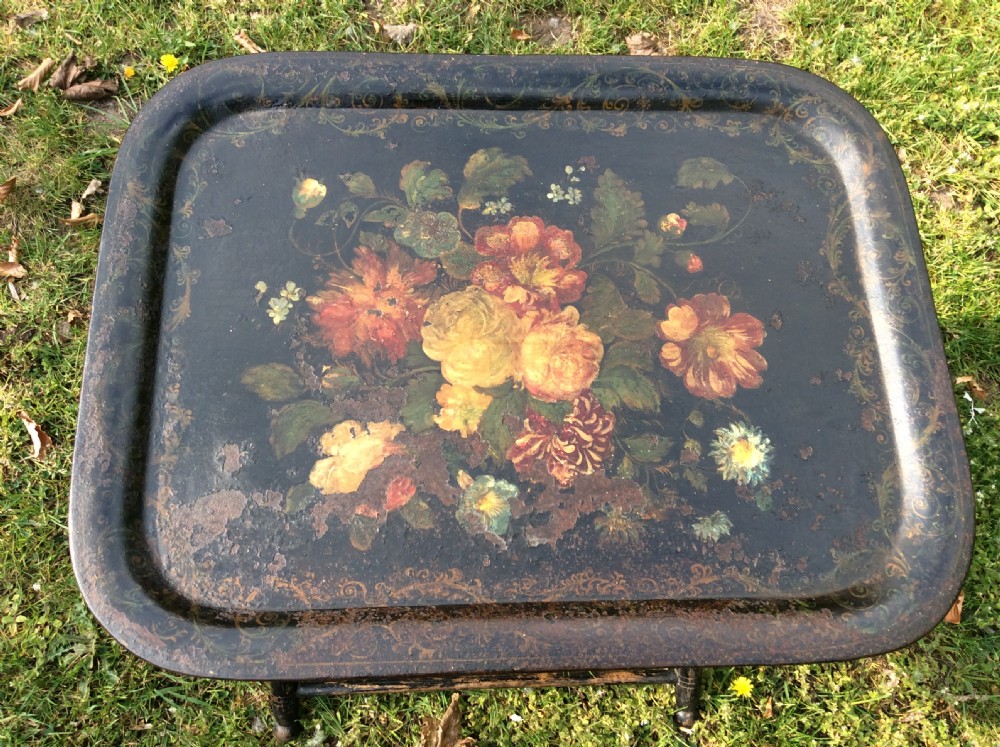 A floral painted toleware tray  View X