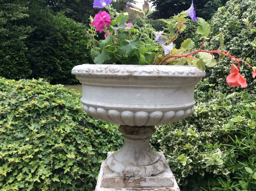 A pair of white painted 19th-century cast iron garden urns featuring gadrooned basins set upon square pedestals with lion head relief motifs. View VI