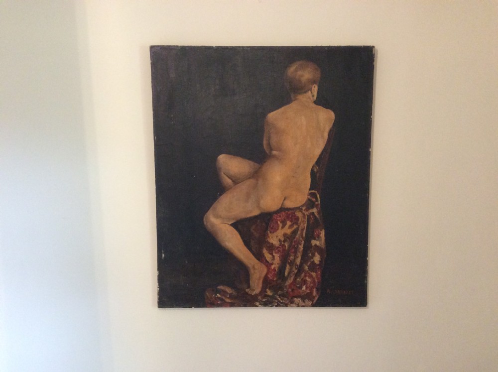 An oil painting on canvas depicting a rear view of a seated female nude figure against a dark background.